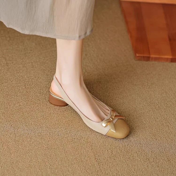 羊皮断码清仓真皮蝴蝶结包头凉鞋女粗跟2025夏季新款软底低跟女鞋
