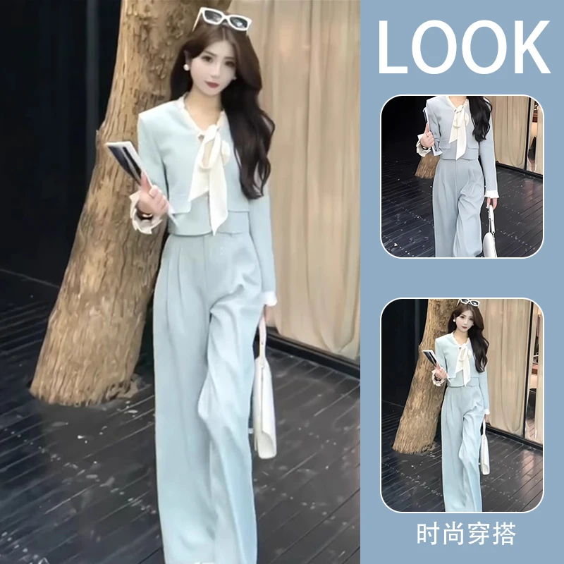 法式复古V领蝴蝶结短款西装外套阔腿裤两件套女早秋新款时尚套装