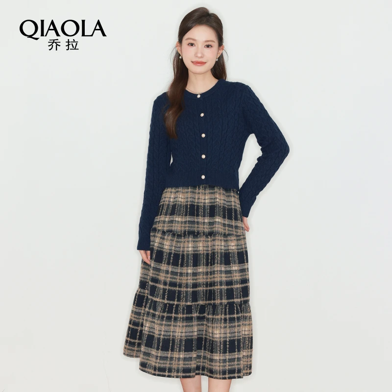 QIAOLA/乔拉【暮光悠悠】秋季螺纹毛织圆领梭织格纹A版时尚套装