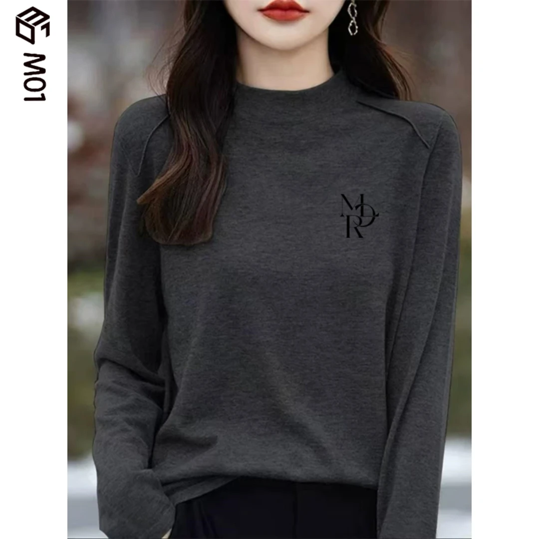 M01纯内搭半高领打底衫长袖t恤女士2025秋冬新款宽松显瘦大码上衣