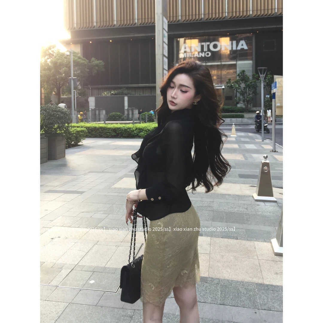 XXZHU「暗夜魅影」微透乔其纱胸前立裁全包骨工艺上衣ZZ-826