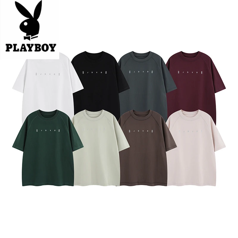 花花公子T恤男2025宽松圆领休闲情侣夏半袖复古重磅男士纯色上衣