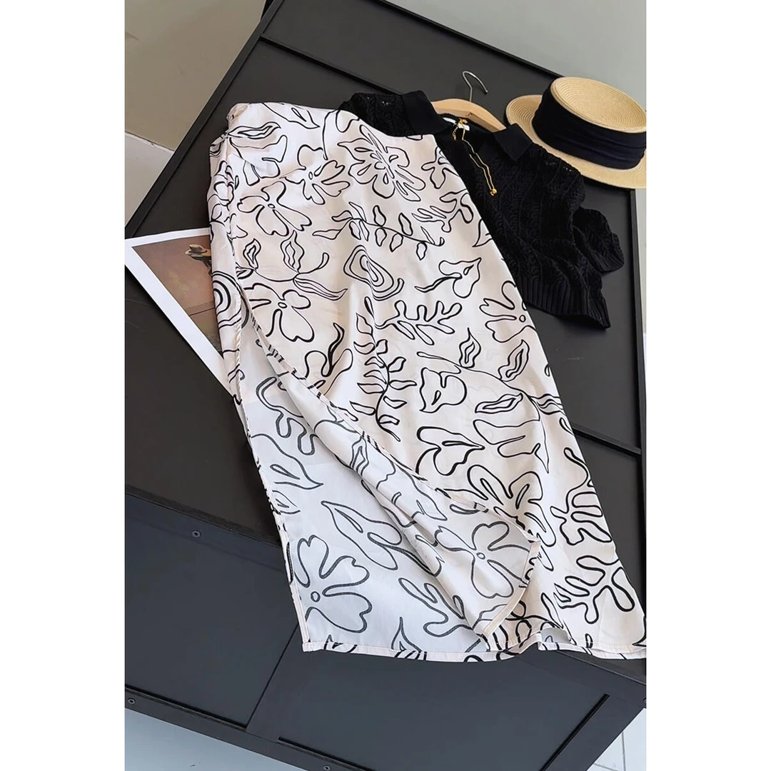 女装半身裙2025夏装新款棉质开叉高腰涂鸦抽花修身长裙