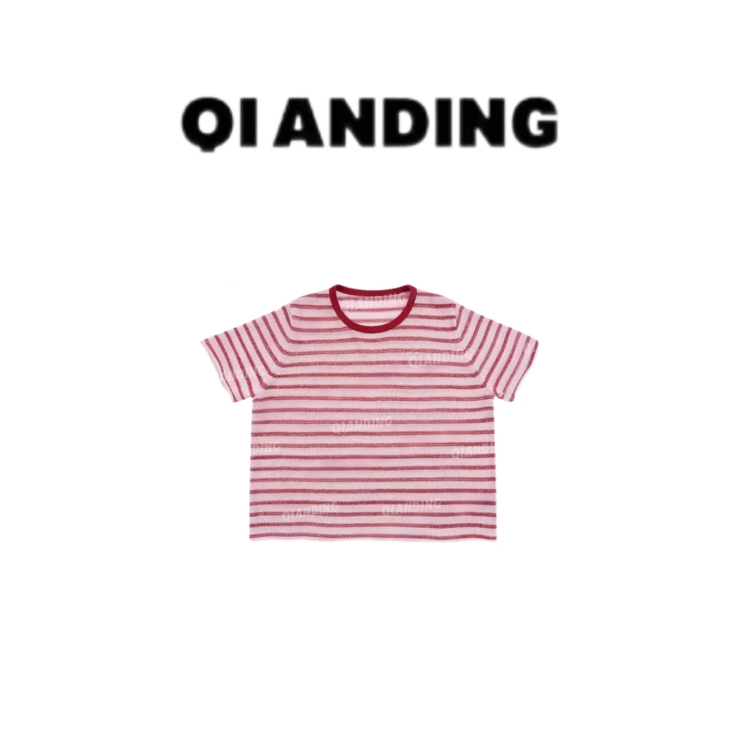 【QIANDING】【亚麻混纺】舒适亲肤条纹毛织短袖251018