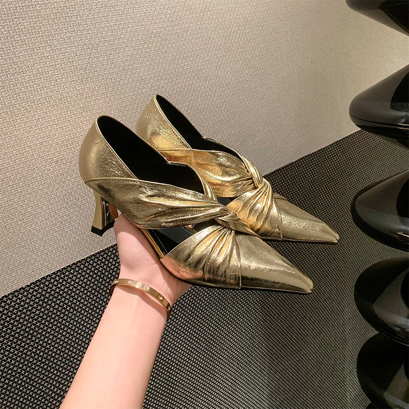 Van Gerch牛皮跟高7CM尖头单鞋女金色气质时尚女士粗跟银色买1赠3