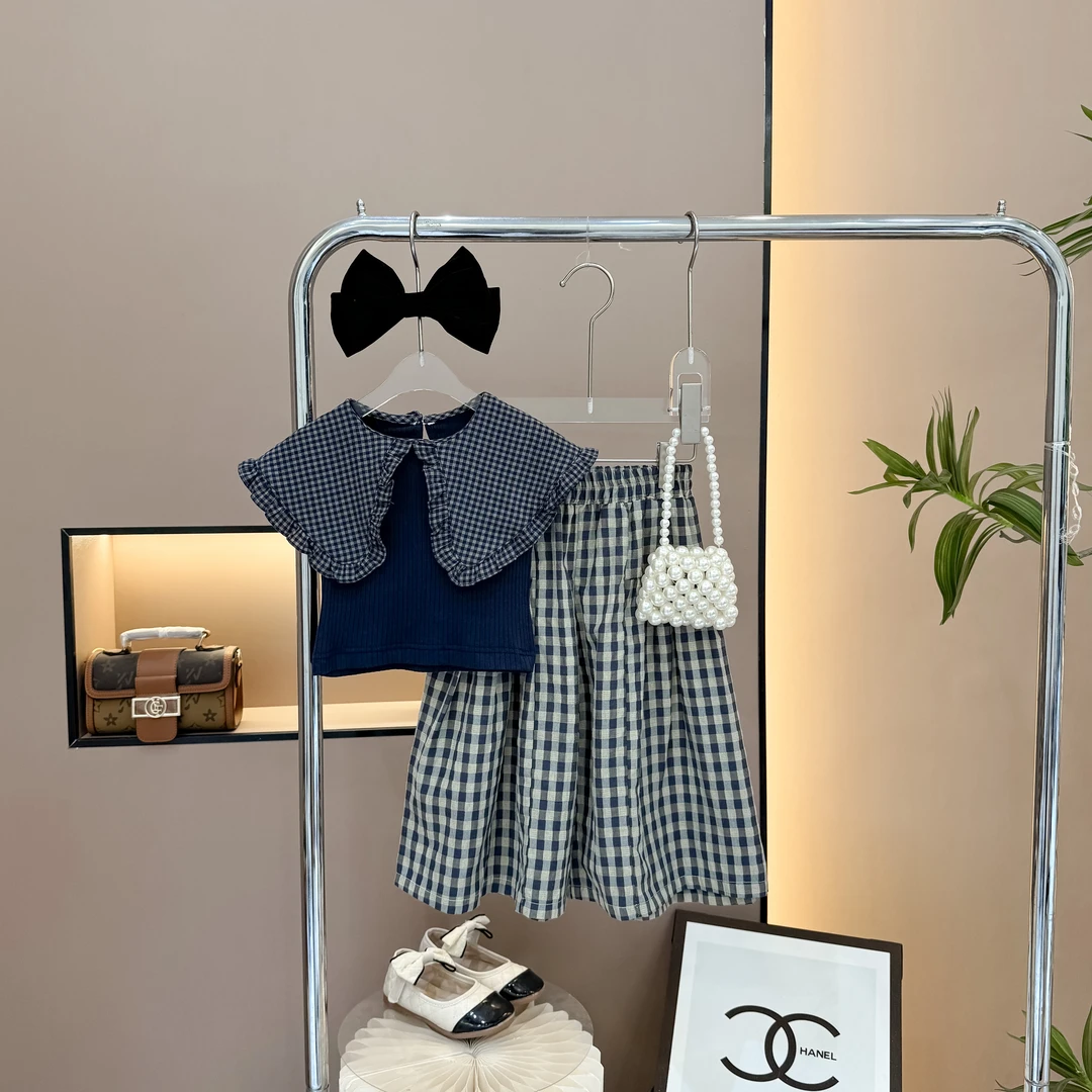 韩版女童娃娃领上衣格子裤套装洋气薄款夏季时髦百搭女宝