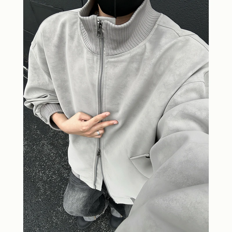 美拉德咖色短款皮衣外套男女秋季立领飞行夹克美式复古机车夹克