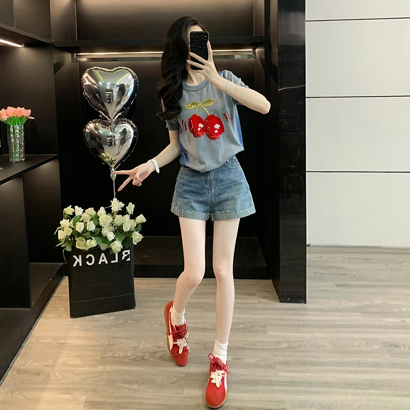 美式复古晕染短袖T恤女夏季显瘦圆领上衣牛仔短裤薄款a字阔腿热裤