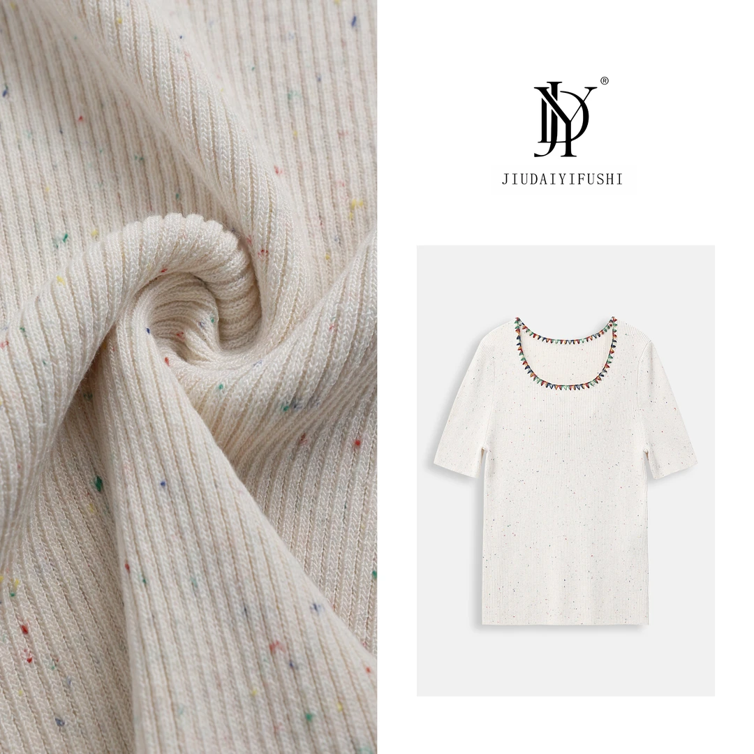 玖黛衣【彩点点】休闲百搭圆领显瘦花边领短袖针织上衣 XSJ38472
