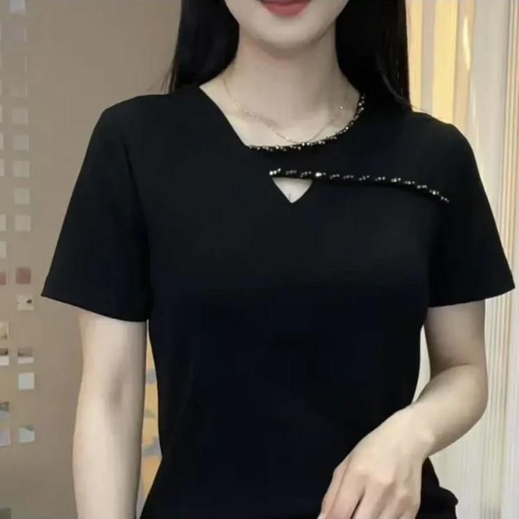 2025新款圆领纯色镂空串珠百搭气质时尚减龄显瘦短袖小衫T恤夏季