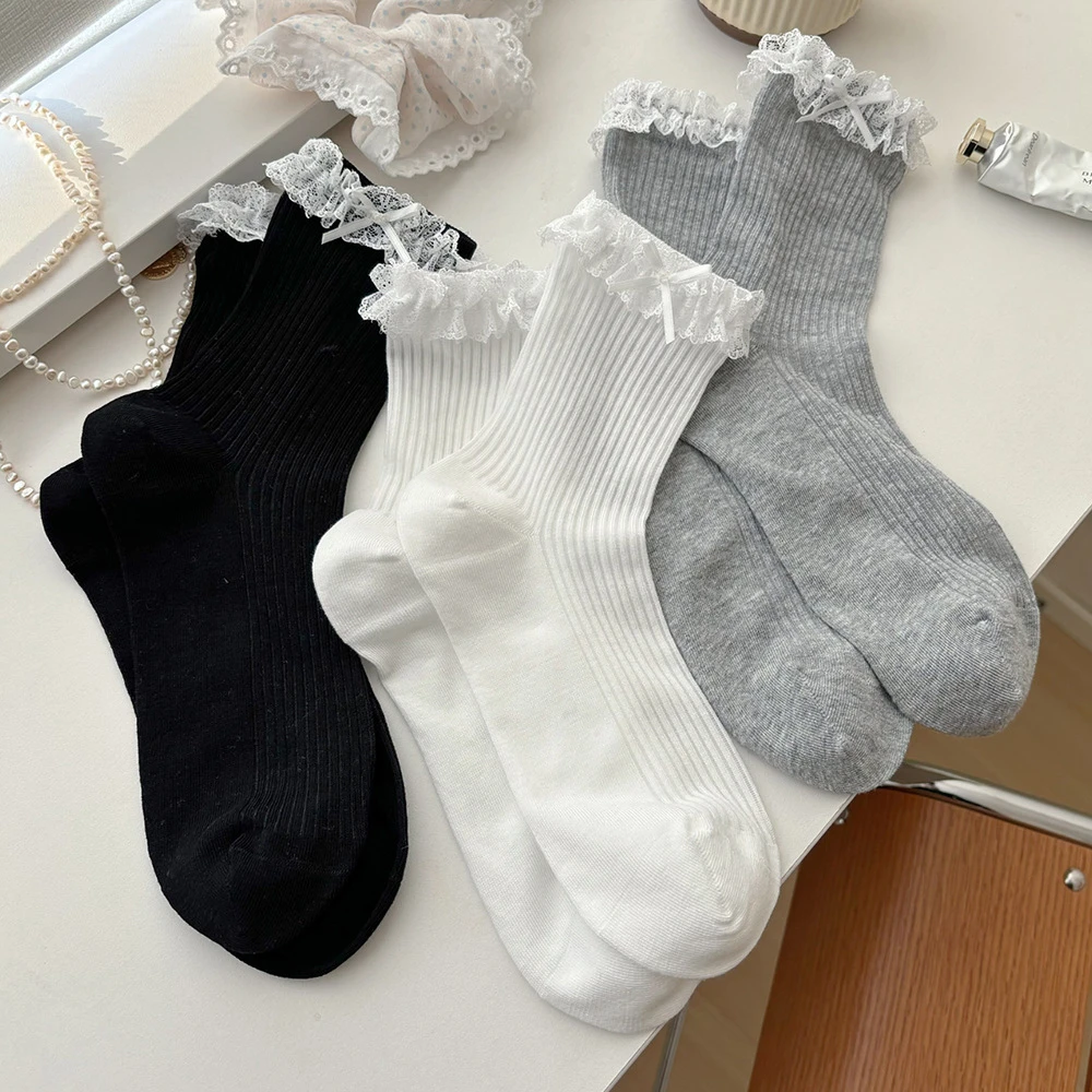 韩版纯色花边袜子女2538春夏薄棉百搭配德训鞋皮鞋黑袜白袜堆堆袜