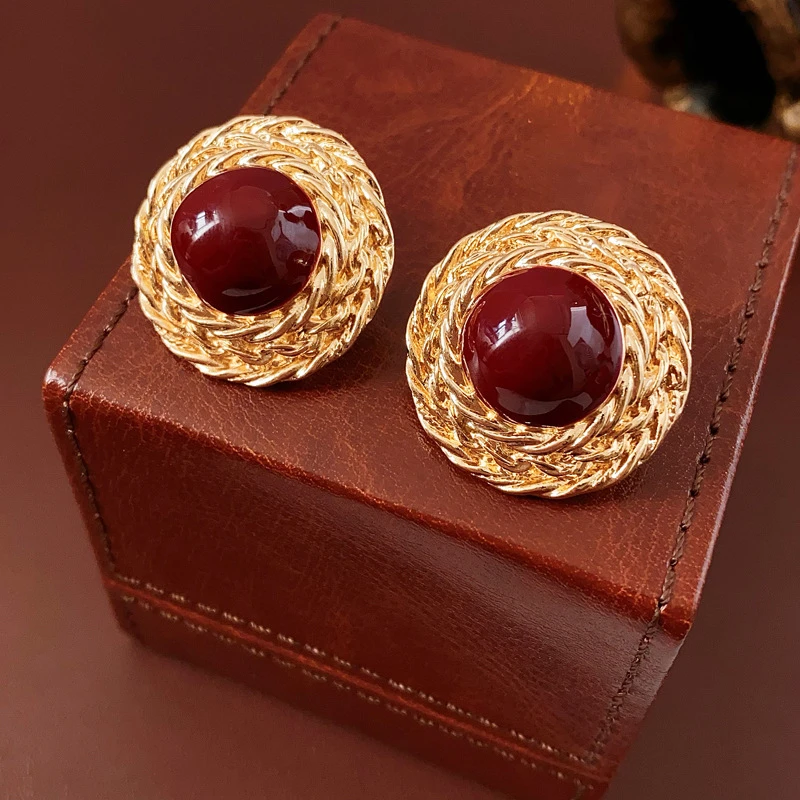 【浠儿姐姐】中古耳环红滴油圆形麦穗耳钉复古宫廷耳饰