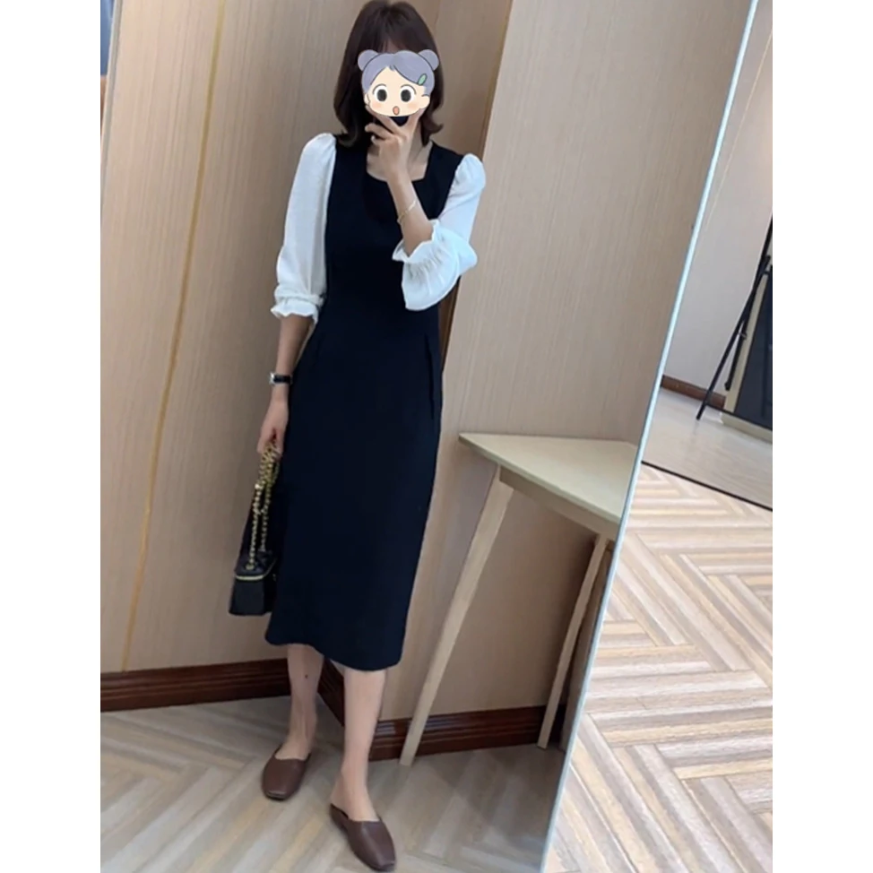 束袖拼接气质减龄中长款连衣裙25年秋季新款韩版显瘦通勤裙子ins