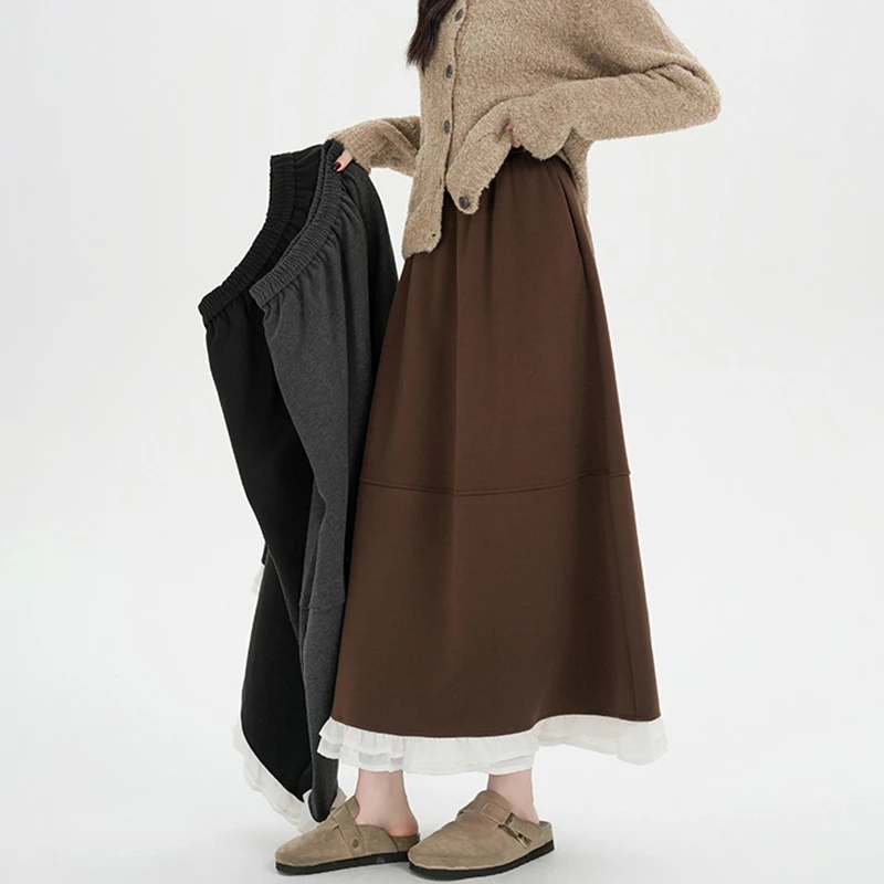 韩版蕾丝拼接毛呢半身裙女2025新款秋冬高腰A字裙遮胯显瘦中长裙