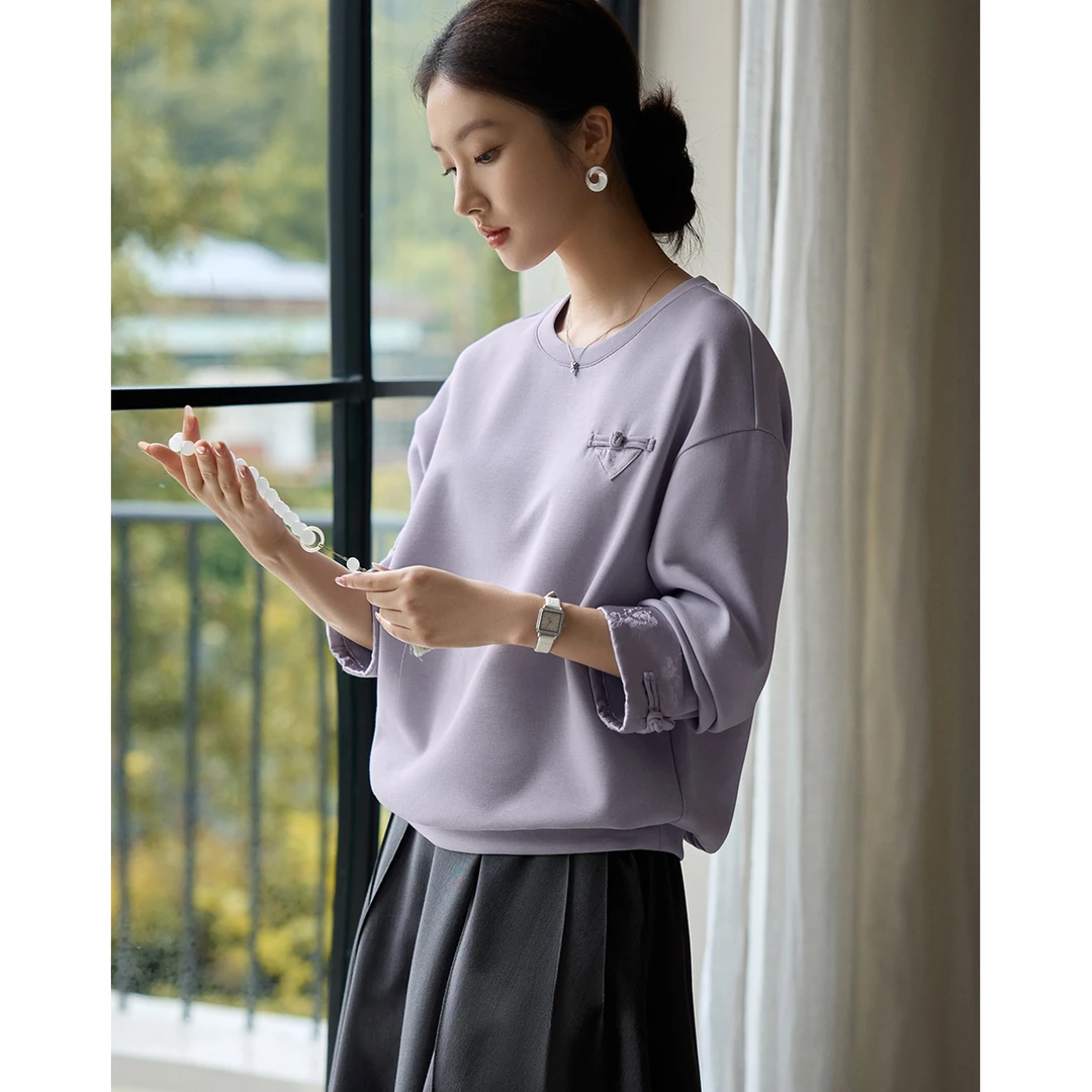 XWI/欣未新中式缎面提花盘扣设计拼接卫衣女2025春高实穿百搭卫衣