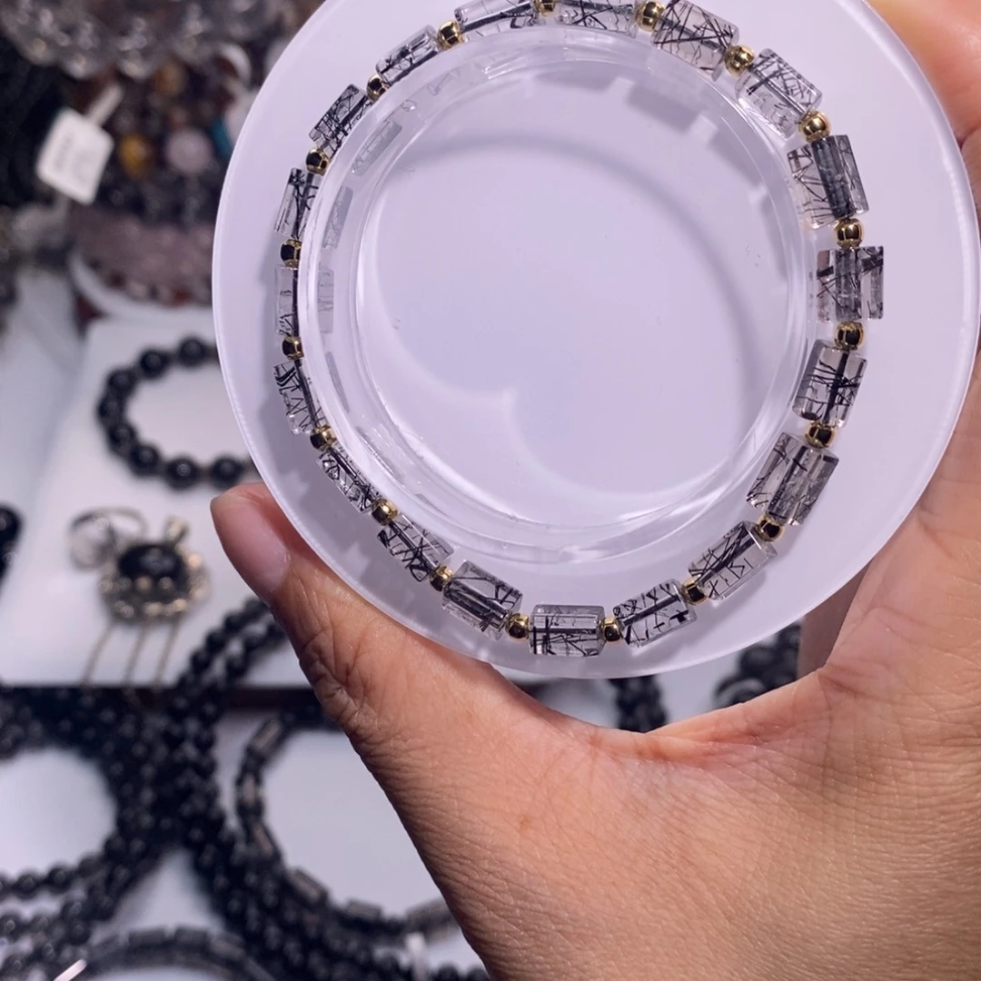水晶手链未镶嵌小方糖全透体黑发晶