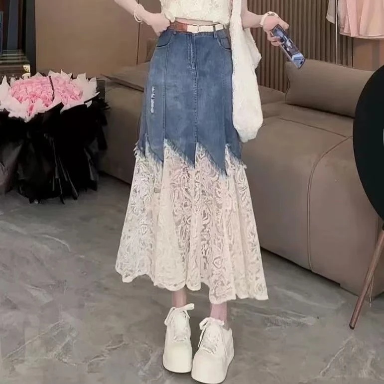猫猫定制--[T20C]韩系气质温柔复古蕾丝拼接牛仔高腰显瘦半身裙女