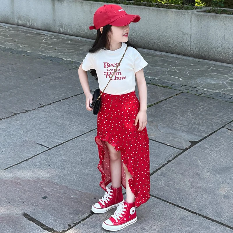 儿童套装女童字母印花短袖T恤25夏季新款不规则红色半身裙两件套