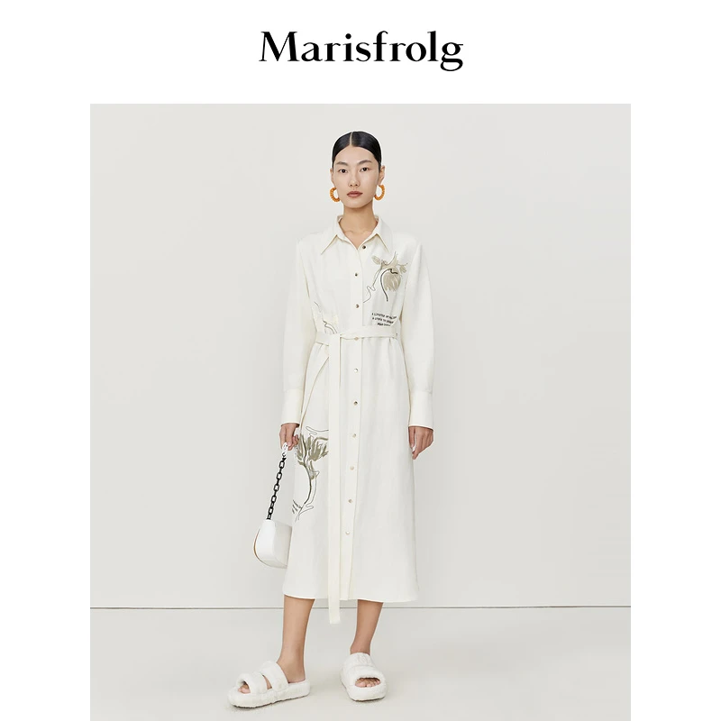 【粉丝专享】玛丝菲尔春季花稿亚麻开衩衬衫通勤连衣裙收腰外套