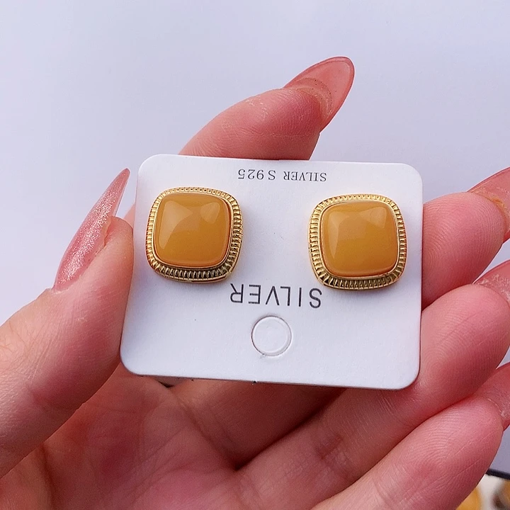 蜜蜡耳饰银S925镶嵌耳饰