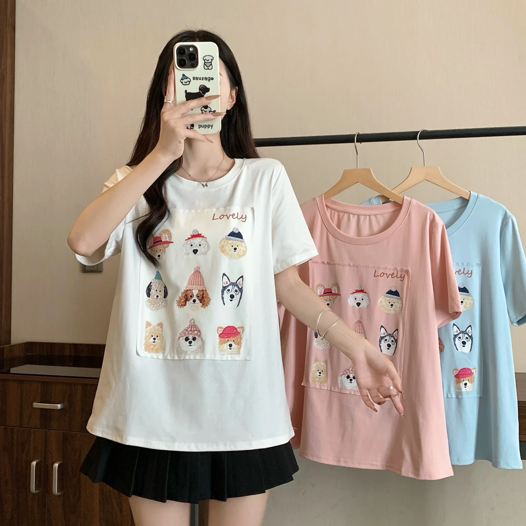 【猪猪队运费补贴】夏装胖mm时尚宽松减龄卡通立体印花短袖T恤