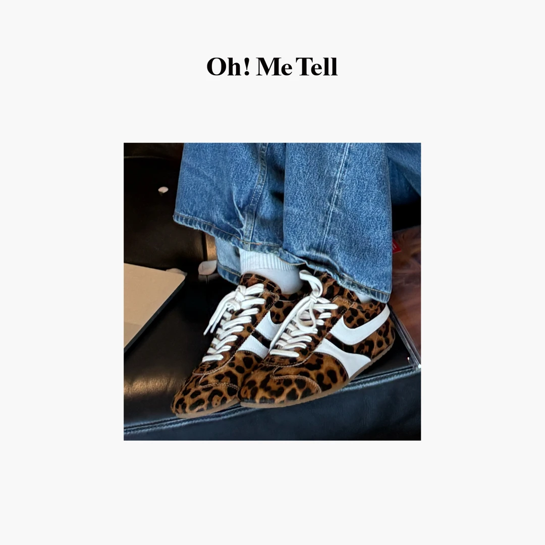 Oh！Me Tell【日落交响曲】马毛豹纹德训鞋女方头系带拼接运动休闲鞋