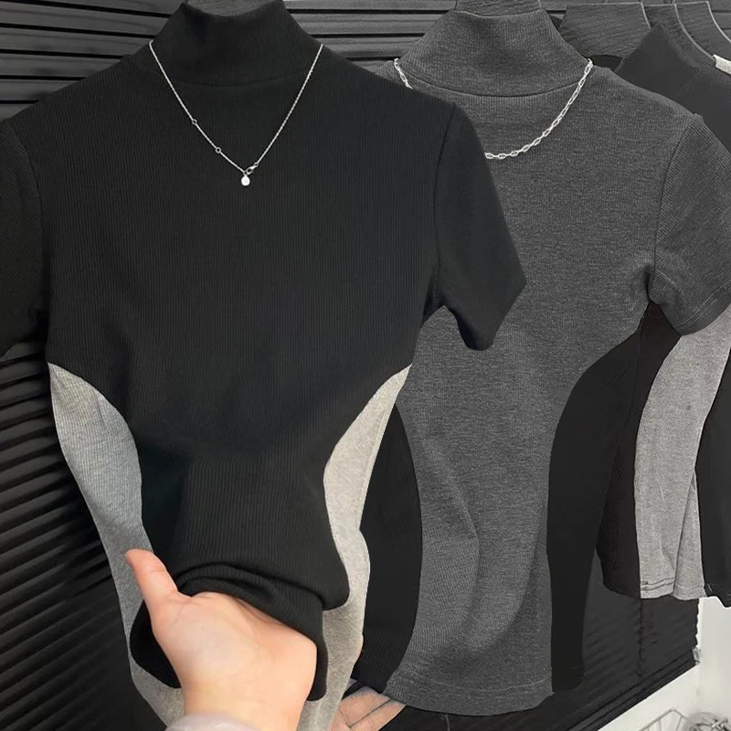 【专柜正品】2025夏季新款半高领撞色短袖T恤修身显瘦打底衫上衣女