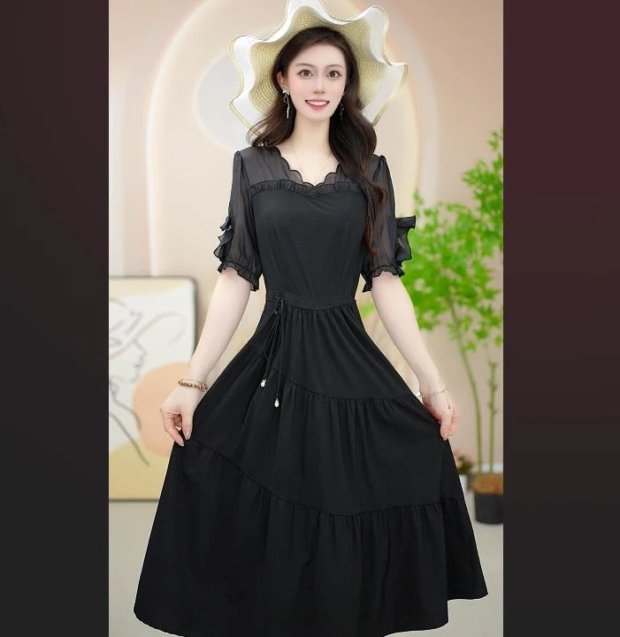 黑色 连衣裙夏季女装高腰显瘦泡泡袖裙子不规则领型【0063】