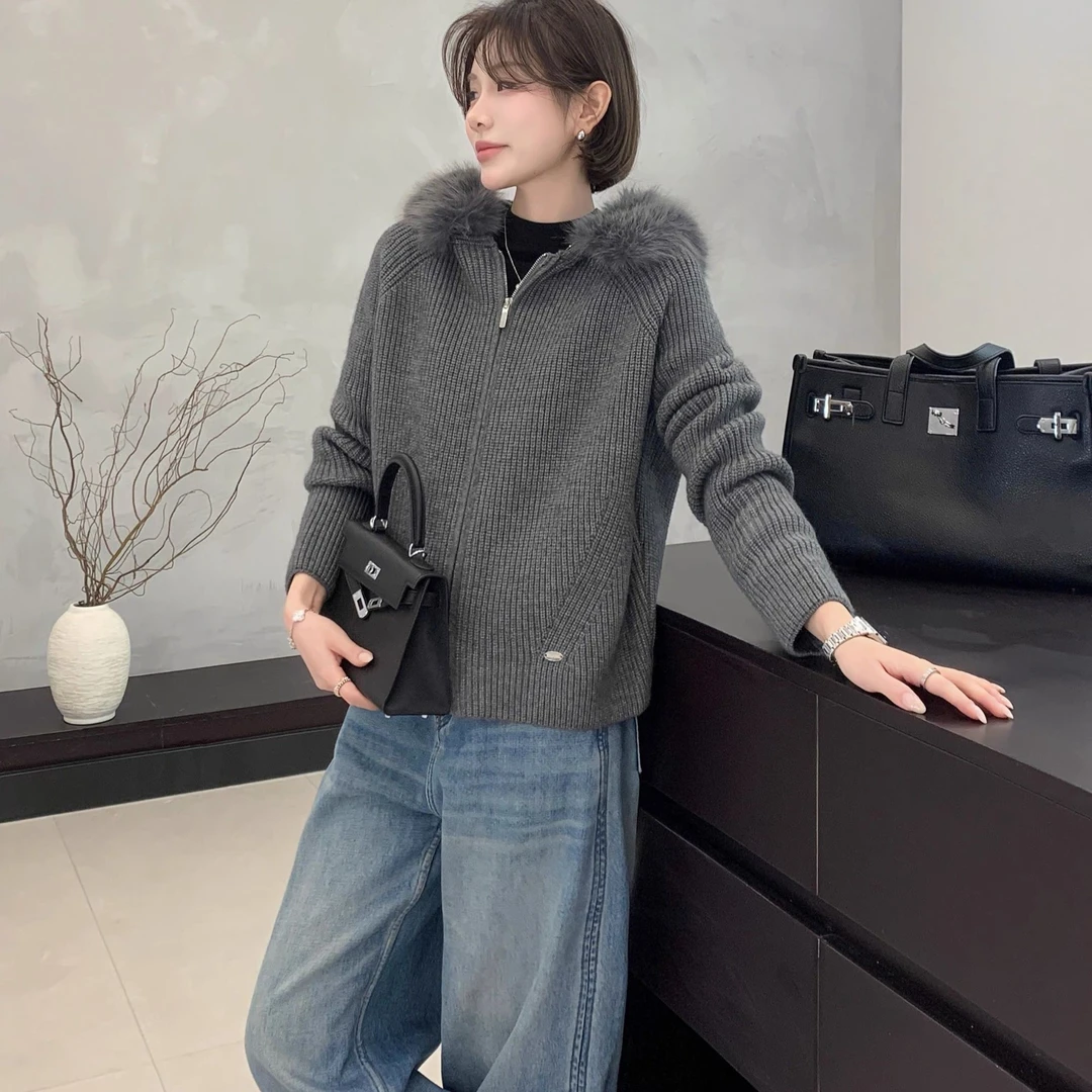 [ W i F i ]8026慵懒风毛衣外套宽松高级感毛领针织开衫（衣长60）