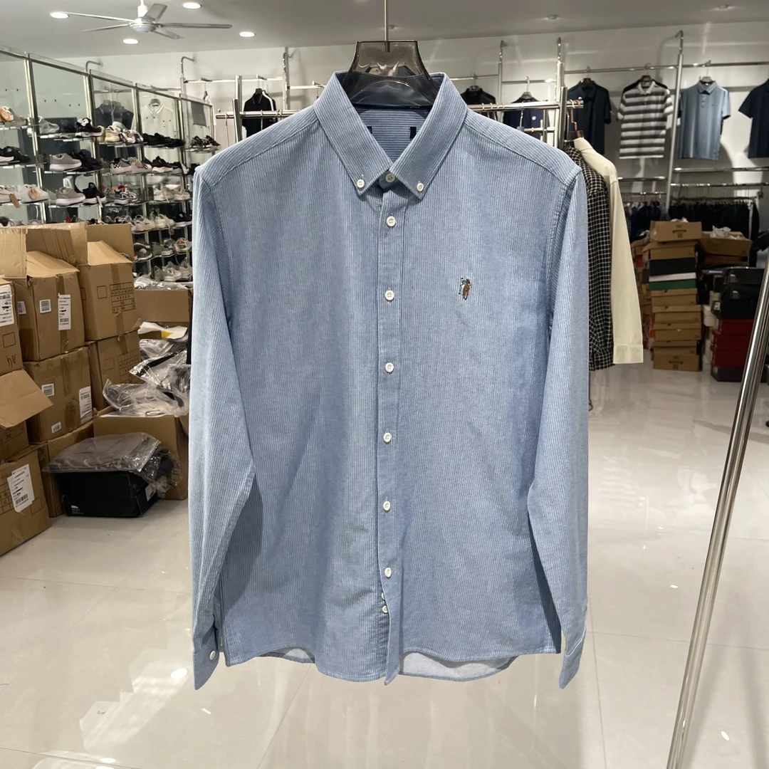 L542秋冬季男士百搭商务休闲经典条纹简约刺绣全棉长袖衬衫