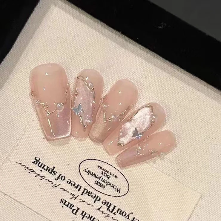 【仲夏夜之梦】手工穿戴甲纯欲猫眼魔镜粉美甲光疗甲清晰甜美可拆卸