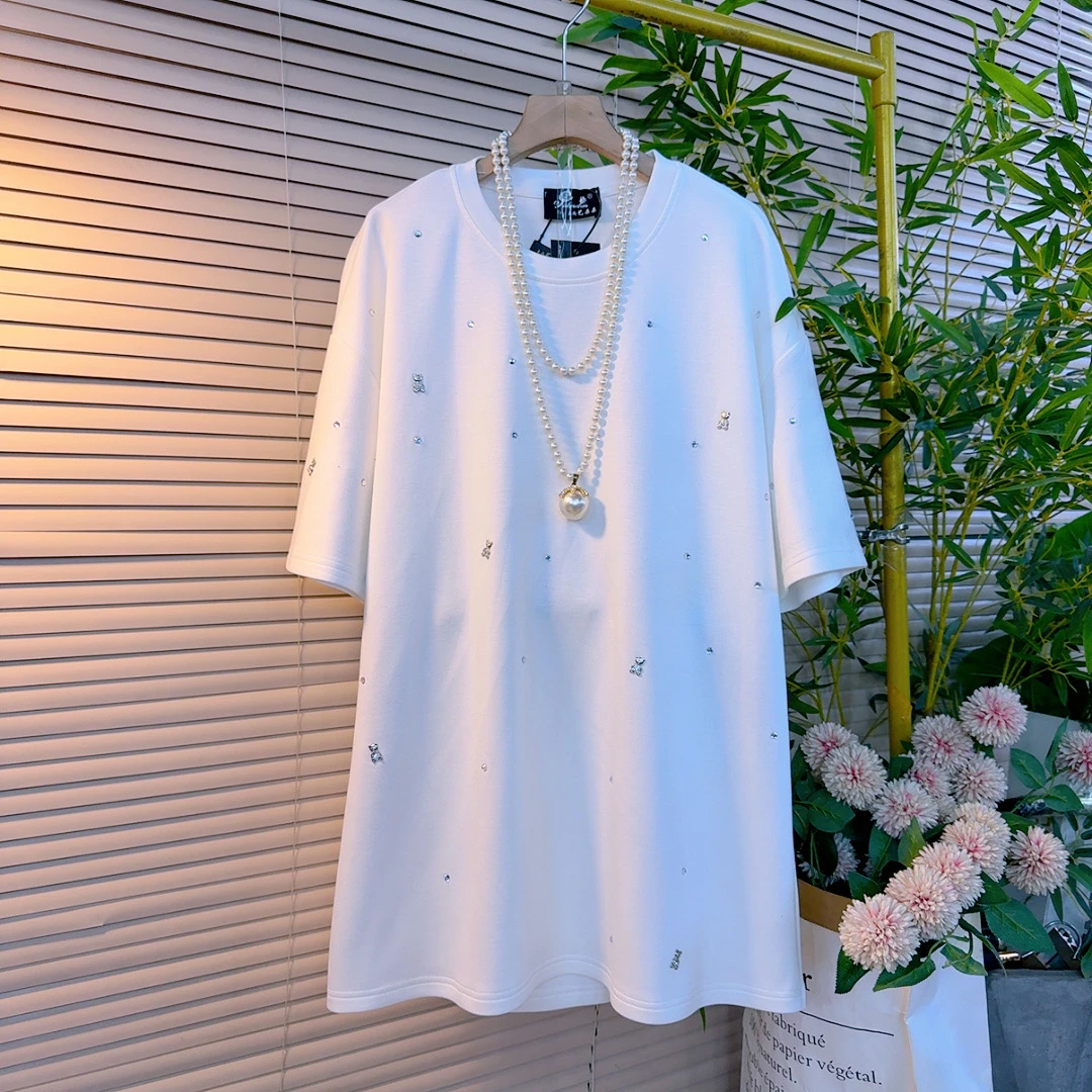 85249胖mm欧货时尚韩系宽松遮肉纯色圆领设计感中长款显瘦百搭T衫