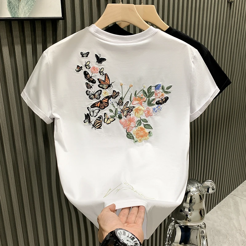 轻奢国潮重工刺绣中国风短袖肌理印花男士圆领T恤韩版ins男女半袖