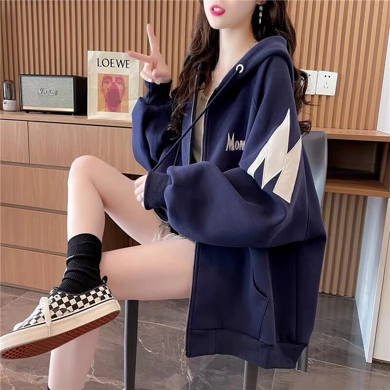 2025早秋新款薄款开衫拉链卫衣外套女连帽宽松长袖设计感中长款潮