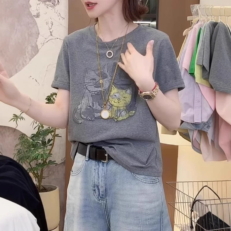 胖MM大码女装显瘦独特宽松上衣2025新款夏季圆领正肩短袖t恤-6005