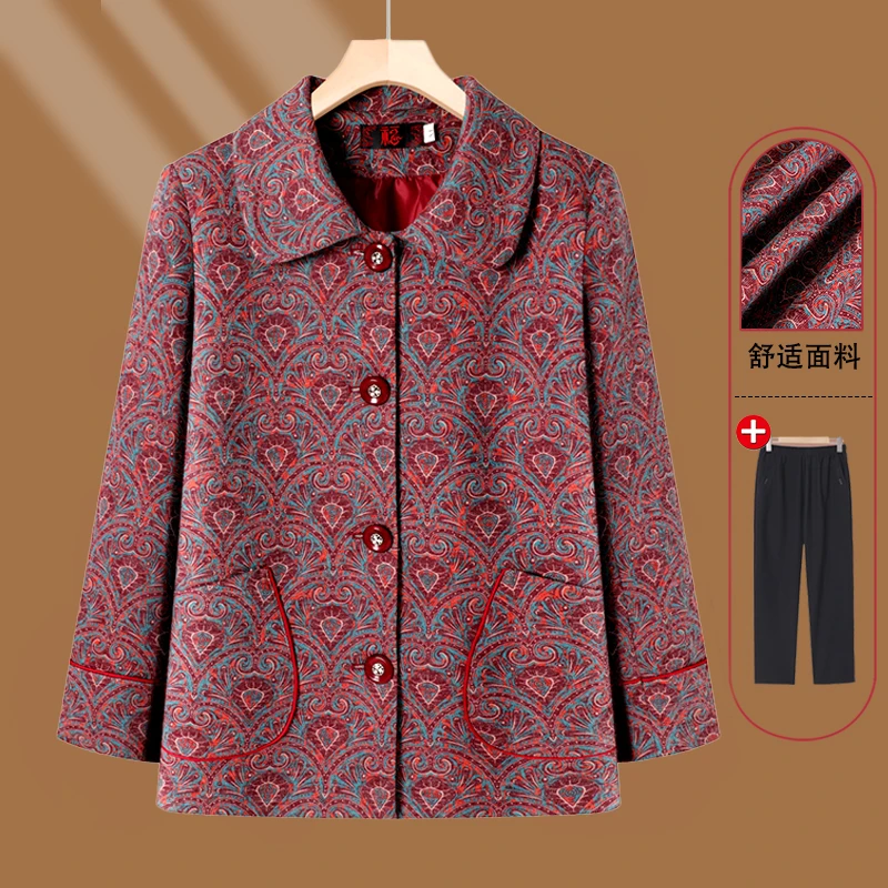 中老年人秋装外套奶奶翻领宽松妈妈装春秋毛呢宽松老人新中式外套