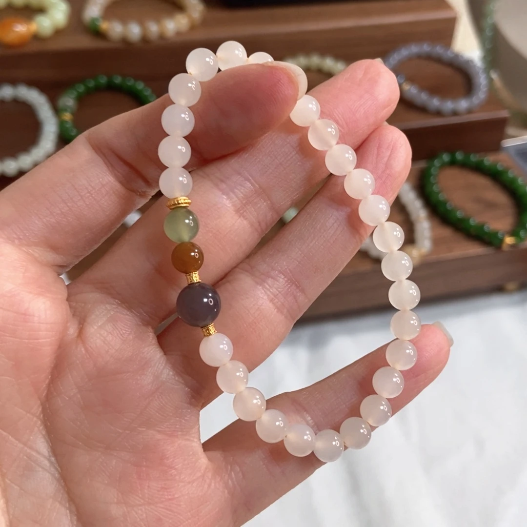 和田玉手链银S925镶嵌蜂蜜水6mm冰底