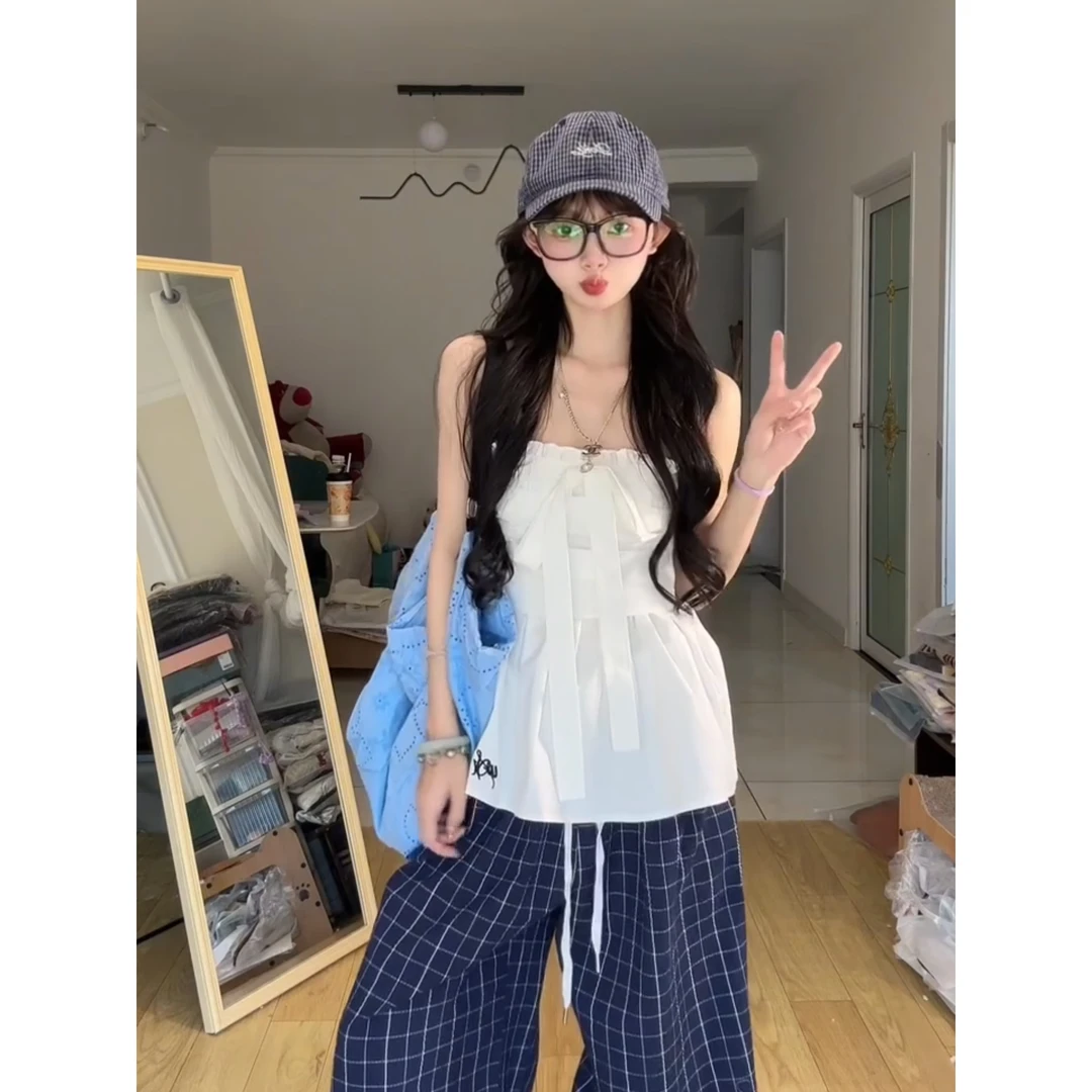 韩系通勤收腰系带花边抹胸上衣女夏季新款格纹休闲裤直筒阔腿裤