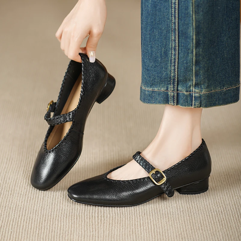 一字带浅口单鞋女小众百搭玛丽珍鞋舒适中跟软底妈妈鞋圆头上班鞋