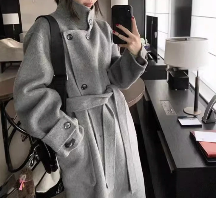 羊毛双面呢高级感百搭 帅气系带加厚保暖大衣外套女2024秋冬新款