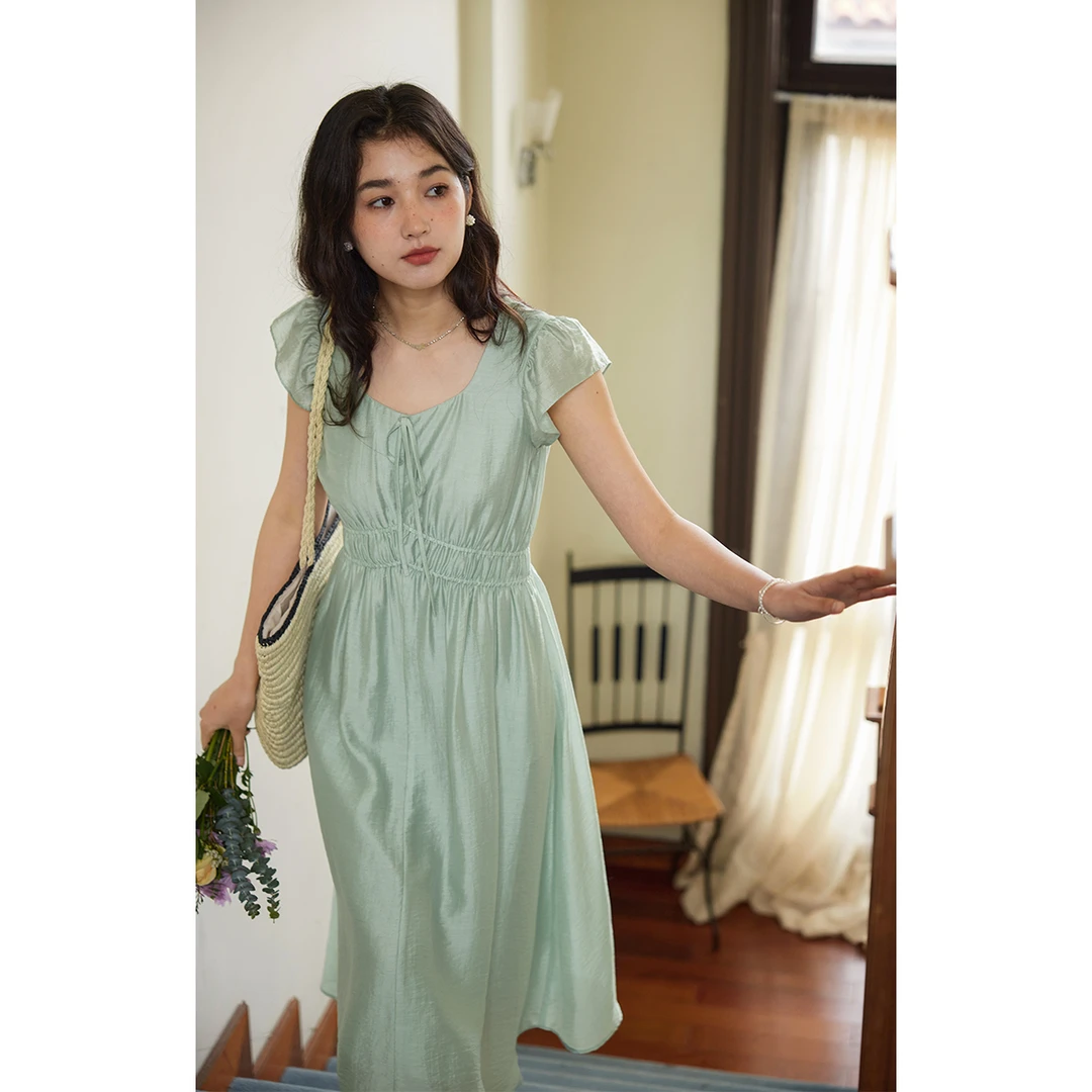 solighter 法式莱赛尔亚麻绿色小飞袖连衣裙女5I0324L05X1