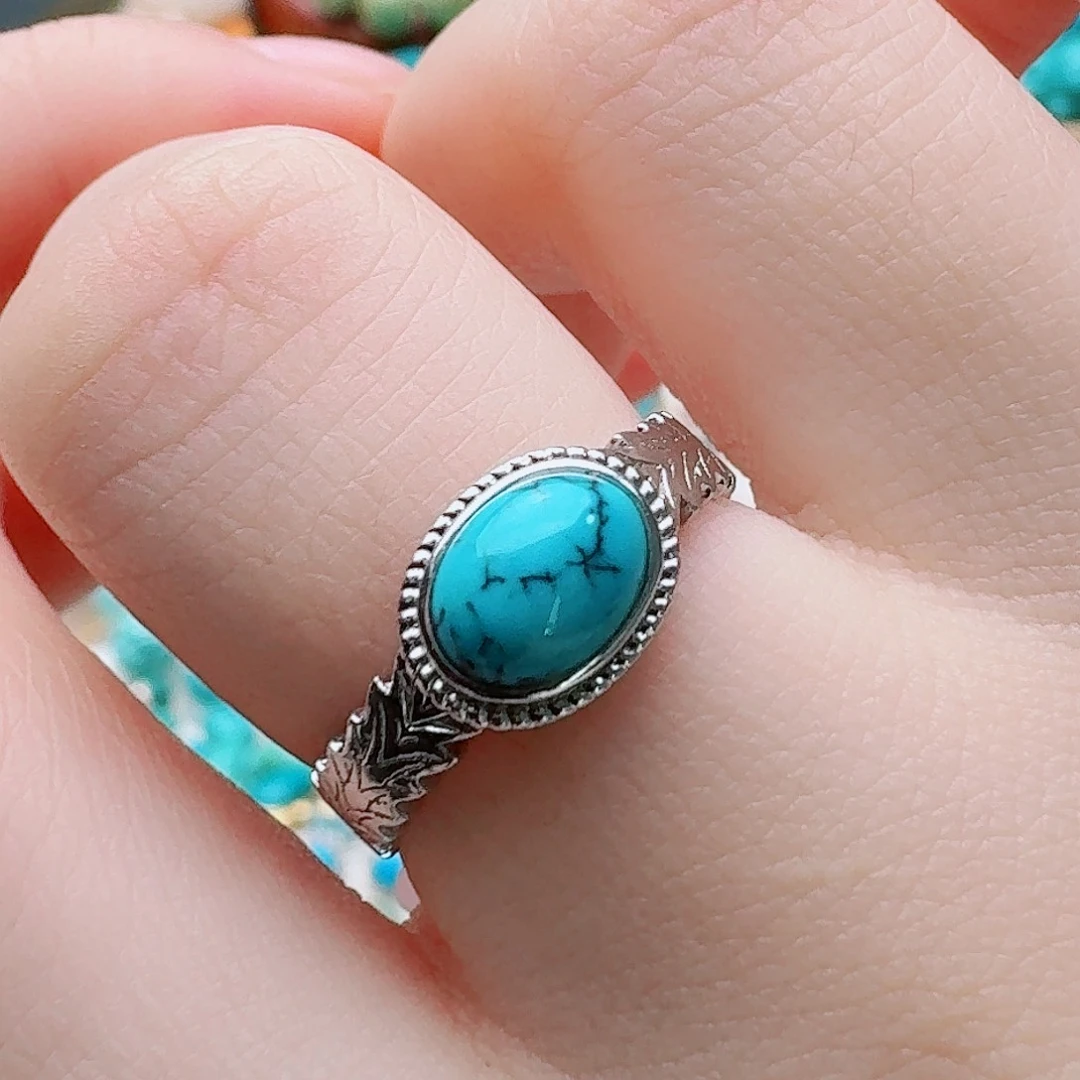 绿松石银S925镶嵌高瓷蓝水草纹女款马鞍戒