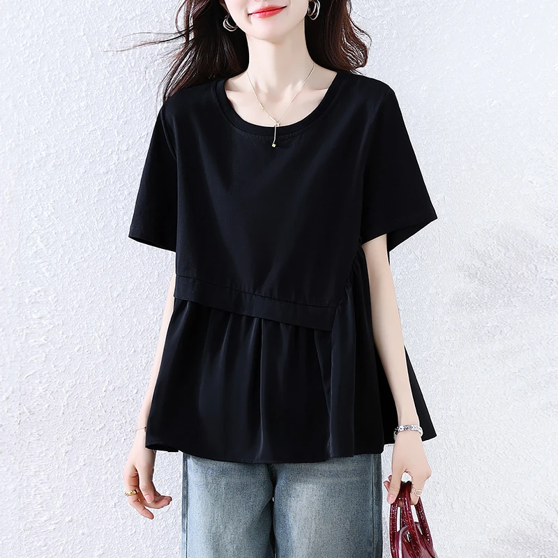 【女神新衣】2025夏季新款百搭时尚胖mm拼接洋气T恤短袖雪纺衫上衣
