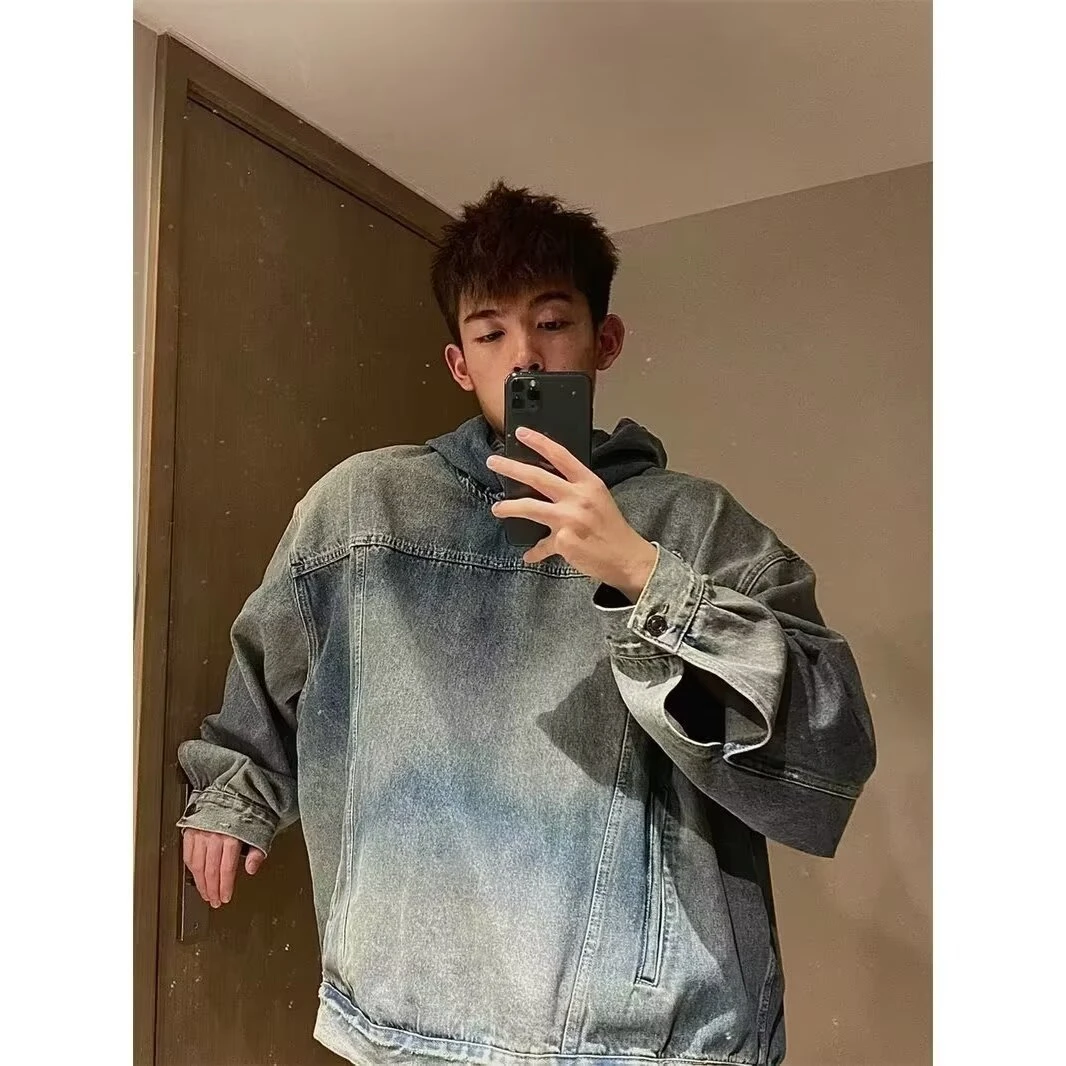 美式做旧连帽牛仔卫衣外套男秋冬新款设计感复古做旧感印花连帽