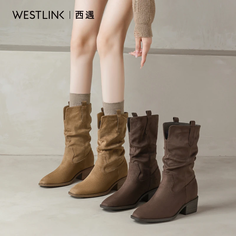 西遇中筒西部牛仔靴女2025年秋冬新款复古粗跟短靴子时尚增高女靴