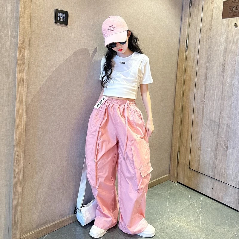女童酷飒风工装裤套装夏薄款2025新款女孩大童多巴胺风短袖两件套