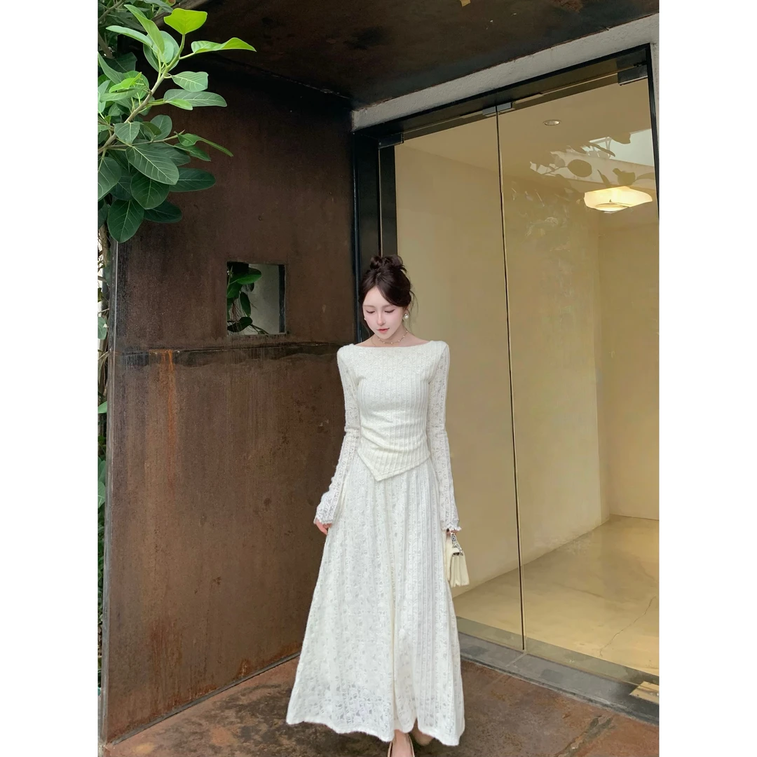 [星仔专属]名媛蕾丝衫老钱风蕾丝修身型时尚长袖套装超美杏色