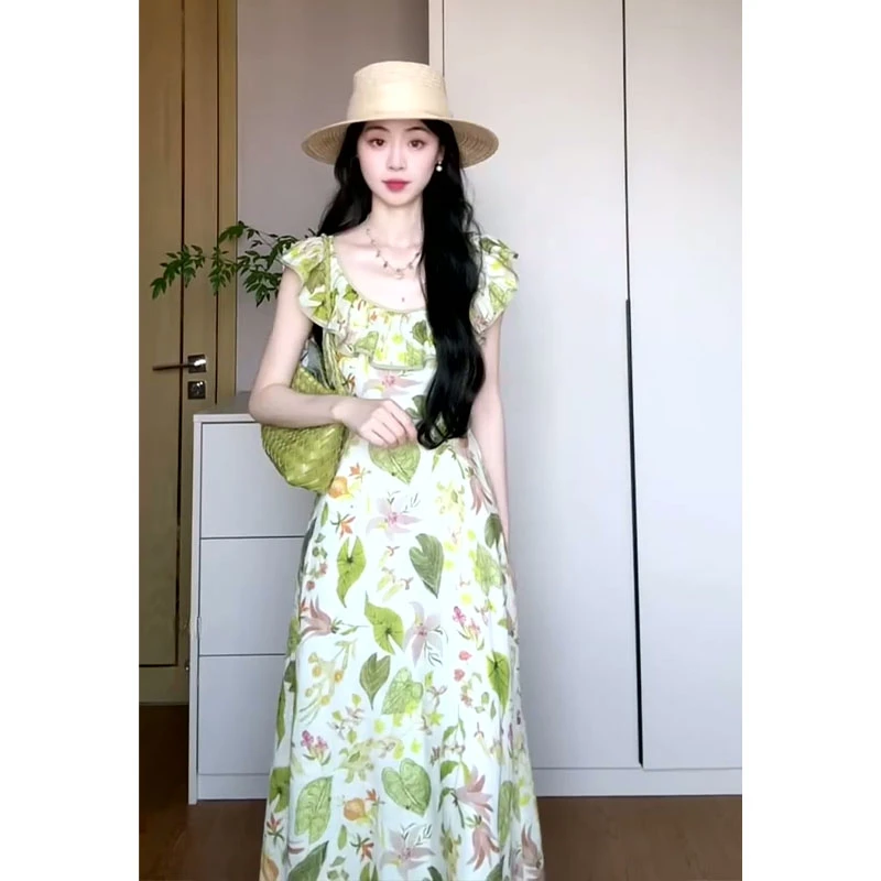 连衣裙女2025夏季新款法式气质修身显瘦荷叶边圆领印花中长款裙子