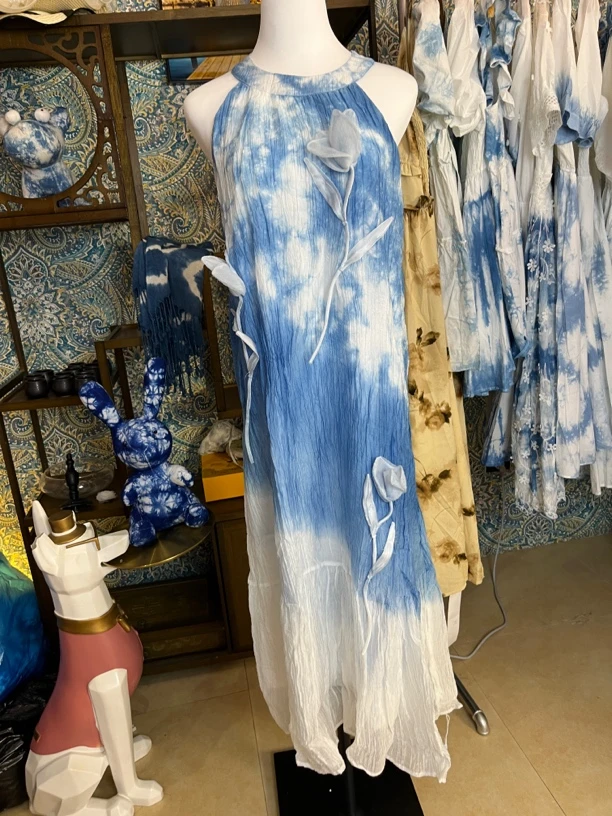 夏季民族风大理手工扎染吊带连衣裙适合旅拍