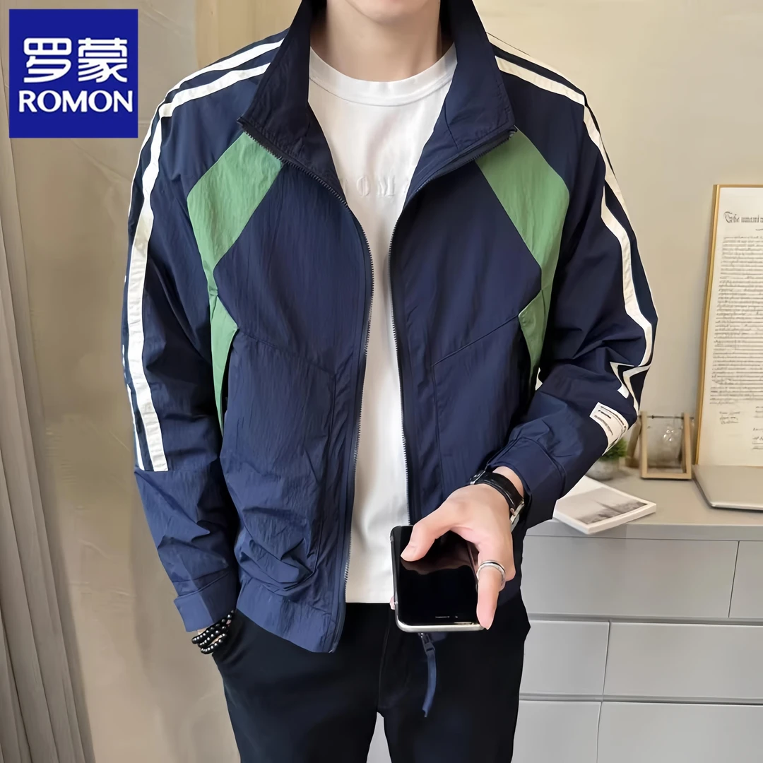 罗蒙春秋外套男士工装夹克时尚拼色立领运动休闲薄款透气防晒衣服